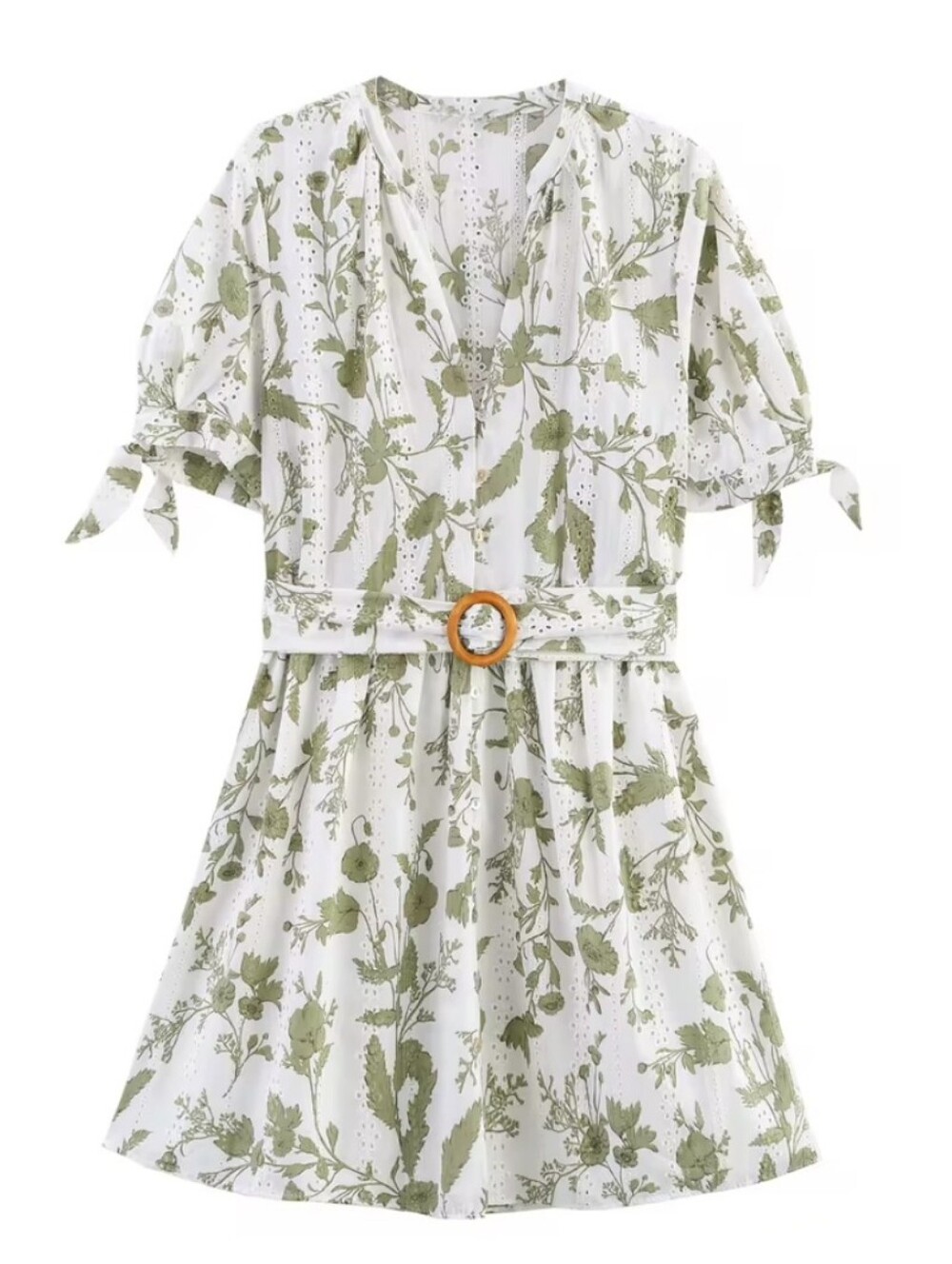 Zara Embroidery White Mini Dress With Sage Green Floral Print and Belted Waist